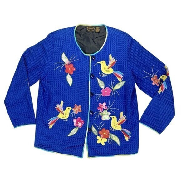 Julia Kim Novelty Embroider Appliqué Blazer Jacket Women L Blue Art Classic 80s - Picture 1 of 16